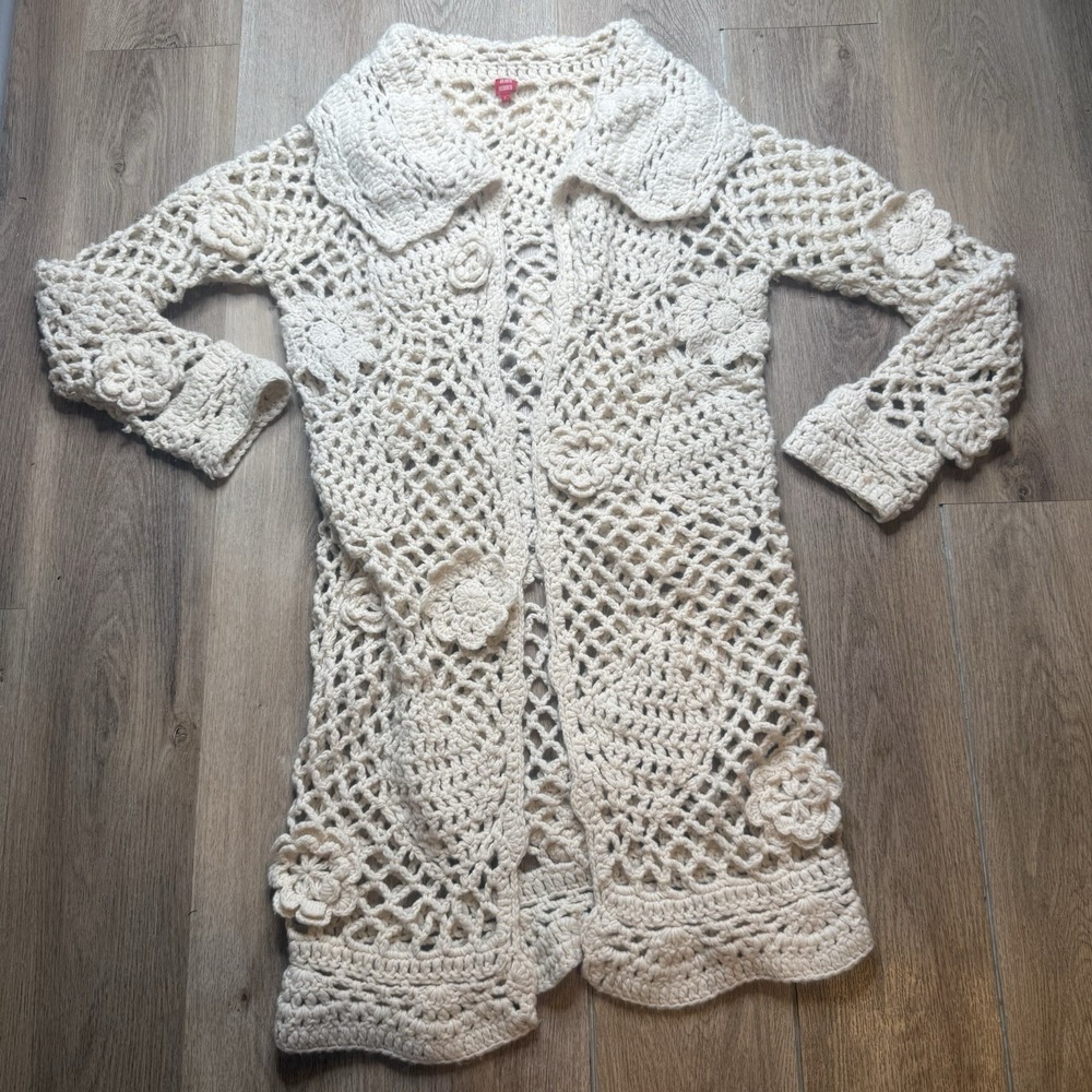 Blues Heroes Cream Crochet Duster Cardigan Long Coat Irish Lace Boho Flower Free